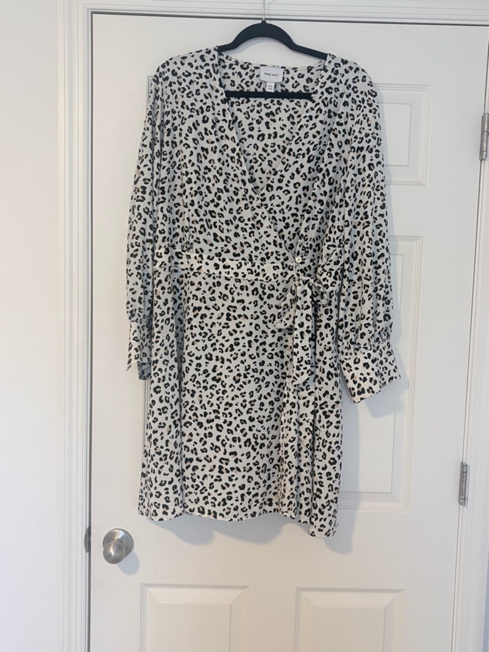 Nine West Leopard Print Wrap Dress XXL Black Tan Above Knee Long Sleeve